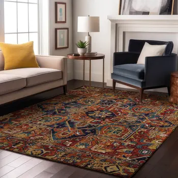 10' X 14' Rust Blue And Gold Oriental Washable Area Rug With UV Protection