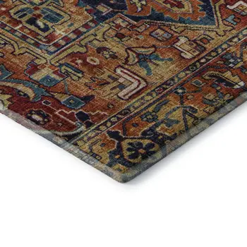 10' X 14' Rust Blue And Gold Oriental Washable Area Rug With UV Protection