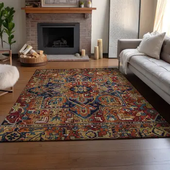 10' X 14' Rust Blue And Gold Oriental Washable Area Rug With UV Protection
