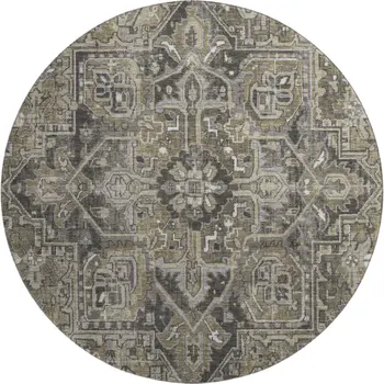 8' Taupe Ivory And Gray Oriental Washable Round Rug With UV Protection