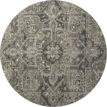 8' Taupe Ivory And Gray Oriental Washable Round Rug With UV Protection