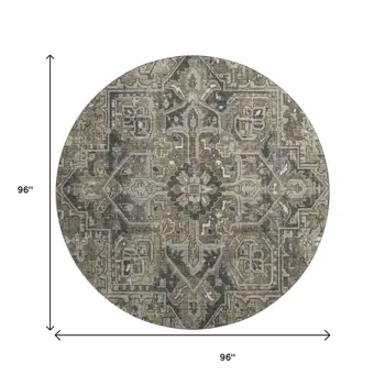 8' Taupe Ivory And Gray Oriental Washable Round Rug With UV Protection