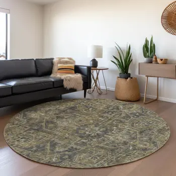 8' Chocolate And Gray Oriental Washable Round Rug With UV Protection