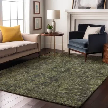 3' X 5' Green And Gray Oriental Washable Area Rug With UV Protection