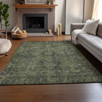 3' X 5' Green And Gray Oriental Washable Area Rug With UV Protection