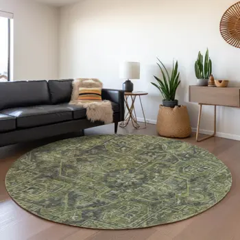 8' Green And Gray Oriental Washable Round Rug With UV Protection