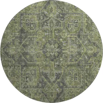 8' Green And Gray Oriental Washable Round Rug With UV Protection
