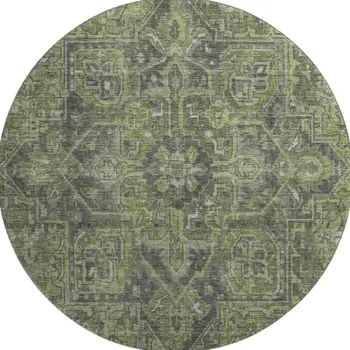 8' Green And Gray Oriental Washable Round Rug With UV Protection