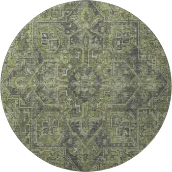 8' Green And Gray Oriental Washable Round Rug With UV Protection