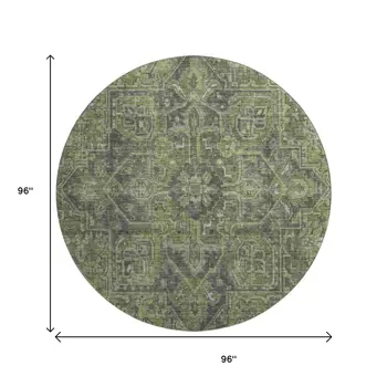 8' Green And Gray Oriental Washable Round Rug With UV Protection
