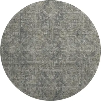 8' Coffee And Gray Oriental Washable Round Rug With UV Protection