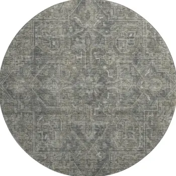 8' Coffee And Gray Oriental Washable Round Rug With UV Protection