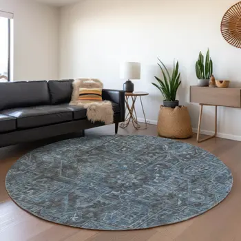 8' Navy Blue And Gray Oriental Washable Round Rug With UV Protection