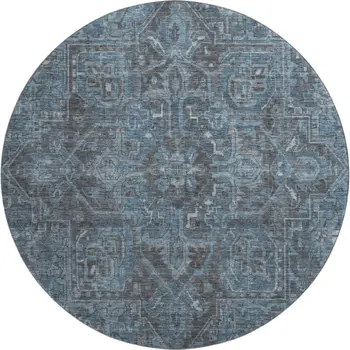 8' Navy Blue And Gray Oriental Washable Round Rug With UV Protection