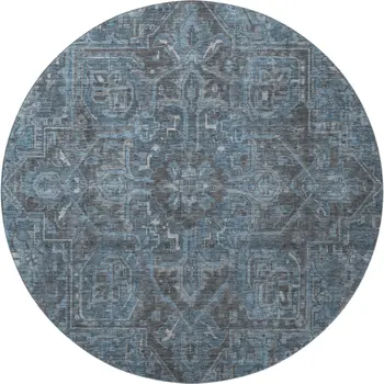 8' Navy Blue And Gray Oriental Washable Round Rug With UV Protection