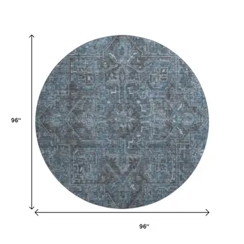 8' Navy Blue And Gray Oriental Washable Round Rug With UV Protection