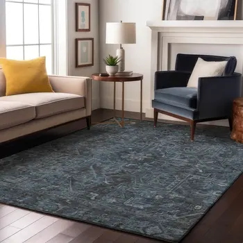 10' X 14' Navy Blue And Gray Oriental Washable Area Rug With UV Protection