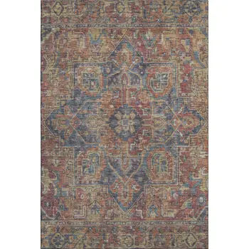 3' X 5' Red And Blue Oriental Washable Area Rug With UV Protection