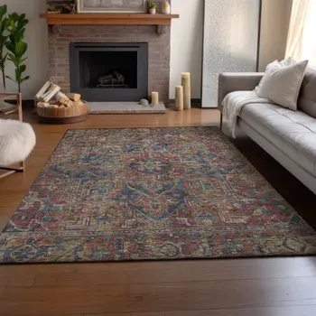 3' X 5' Red And Blue Oriental Washable Area Rug With UV Protection