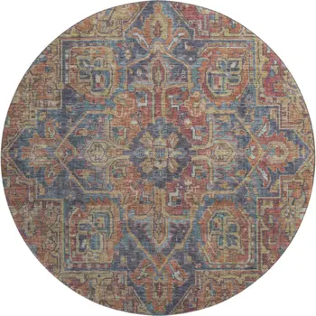 8' Red And Blue Oriental Washable Round Rug With UV Protection