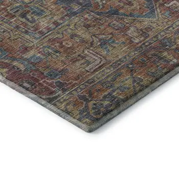8' Red And Blue Oriental Washable Round Rug With UV Protection