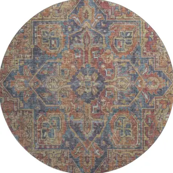 8' Red And Blue Oriental Washable Round Rug With UV Protection