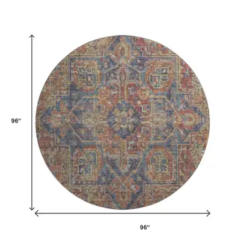 8' Red And Blue Oriental Washable Round Rug With UV Protection