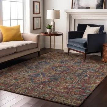 10' X 14' Red And Blue Oriental Washable Area Rug With UV Protection