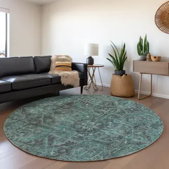 8' Turquoise Gray And Ivory Oriental Washable Round Rug With UV Protection