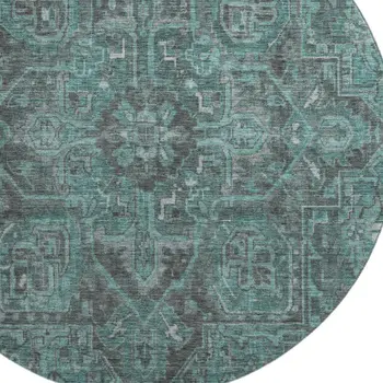 8' Turquoise Gray And Ivory Oriental Washable Round Rug With UV Protection