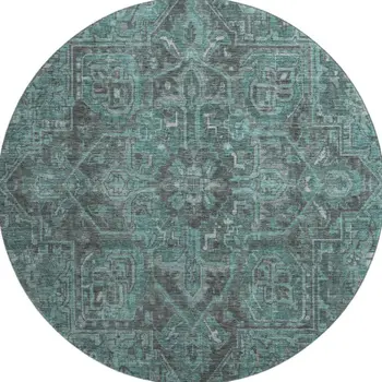 8' Turquoise Gray And Ivory Oriental Washable Round Rug With UV Protection