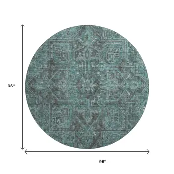 8' Turquoise Gray And Ivory Oriental Washable Round Rug With UV Protection