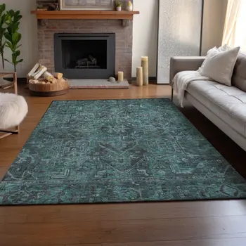 8' X 10' Turquoise Gray And Ivory Oriental Washable Area Rug With UV Protection
