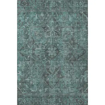 10' X 14' Turquoise Gray And Ivory Oriental Washable Area Rug With UV Protection