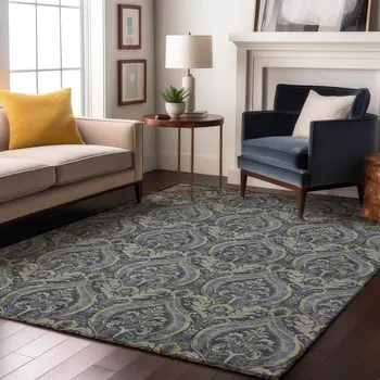 5' X 8' Blue And Ivory Floral Washable Area Rug With UV Protection