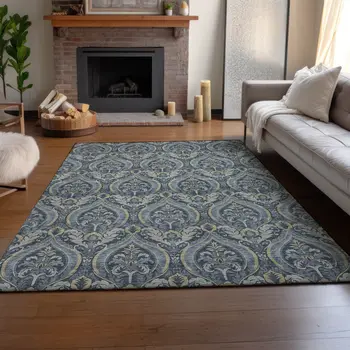 5' X 8' Blue And Ivory Floral Washable Area Rug With UV Protection