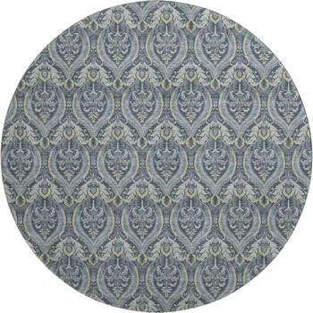 8' Blue And Ivory Floral Washable Round Rug With UV Protection