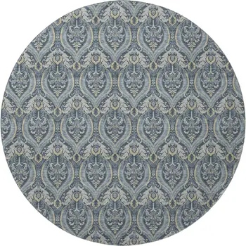 8' Blue And Ivory Floral Washable Round Rug With UV Protection