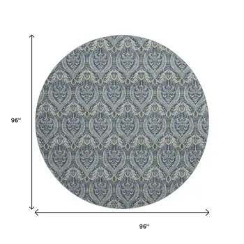 8' Blue And Ivory Floral Washable Round Rug With UV Protection