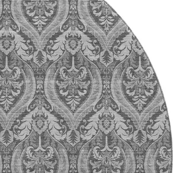 8' Gray And Ivory Floral Washable Round Rug With UV Protection
