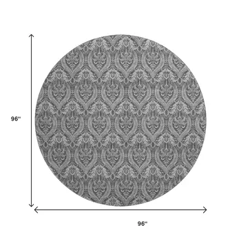 8' Gray And Ivory Floral Washable Round Rug With UV Protection