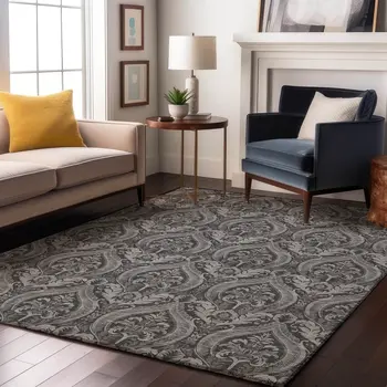 8' X 10' Gray And Ivory Floral Washable Area Rug With UV Protection