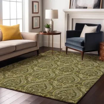5' X 8' Green And Ivory Floral Washable Area Rug With UV Protection