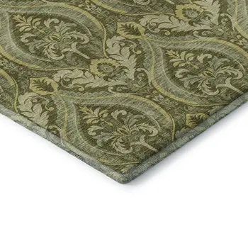 5' X 8' Green And Ivory Floral Washable Area Rug With UV Protection