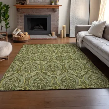 5' X 8' Green And Ivory Floral Washable Area Rug With UV Protection