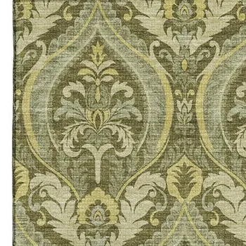 5' X 8' Green And Ivory Floral Washable Area Rug With UV Protection