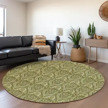 8' Green And Ivory Floral Washable Round Rug With UV Protection