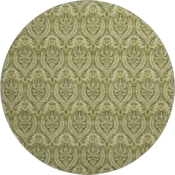 8' Green And Ivory Floral Washable Round Rug With UV Protection