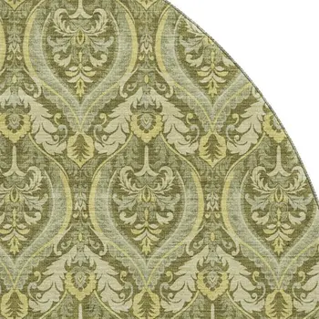 8' Green And Ivory Floral Washable Round Rug With UV Protection