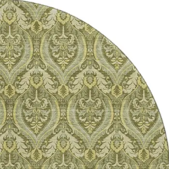 8' Green And Ivory Floral Washable Round Rug With UV Protection